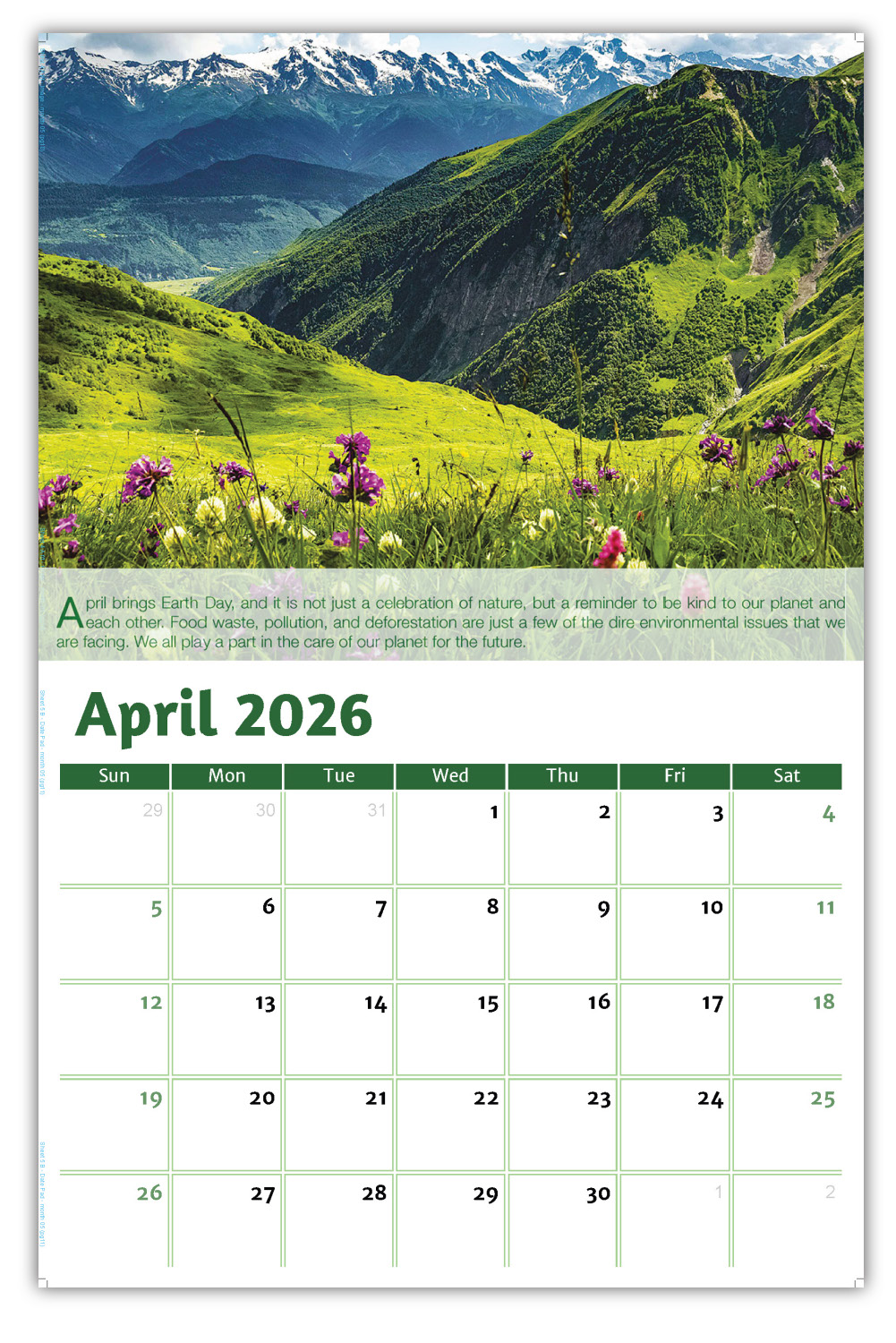 2026 Go Green wall calendar