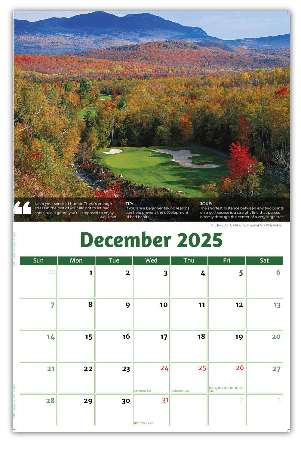 2026 Golf Tips, Quips and Holes wall calendar