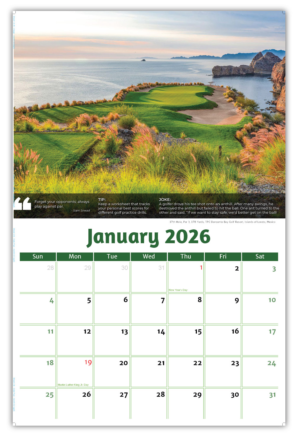 2026 Golf Tips, Quips and Holes wall calendar