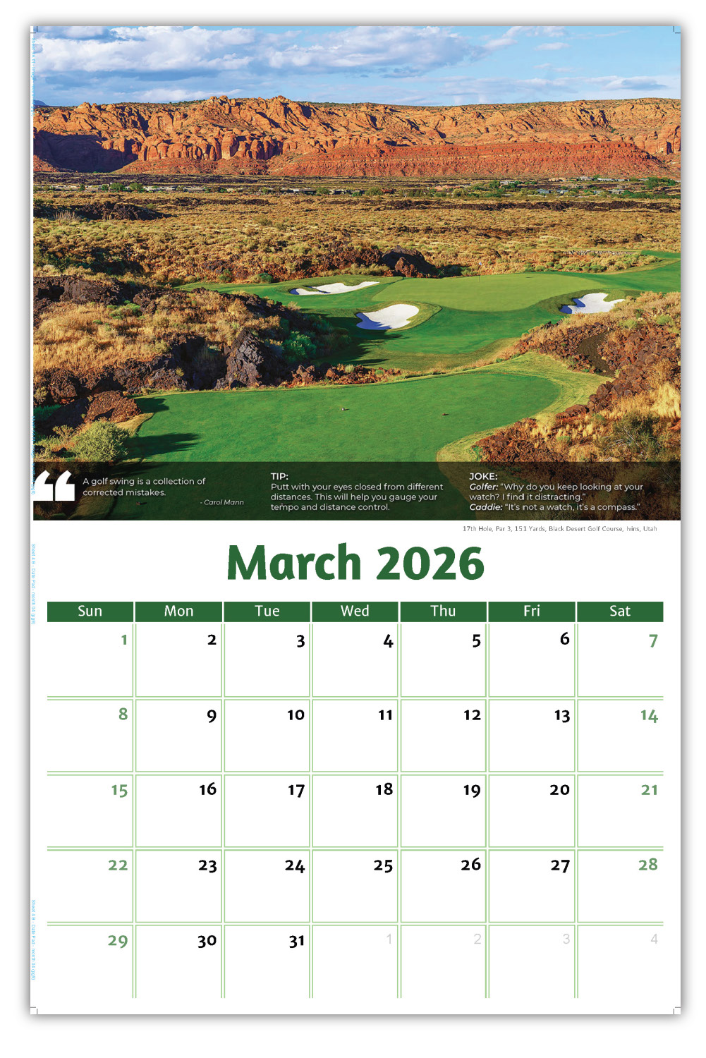 2026 Golf Tips, Quips and Holes wall calendar