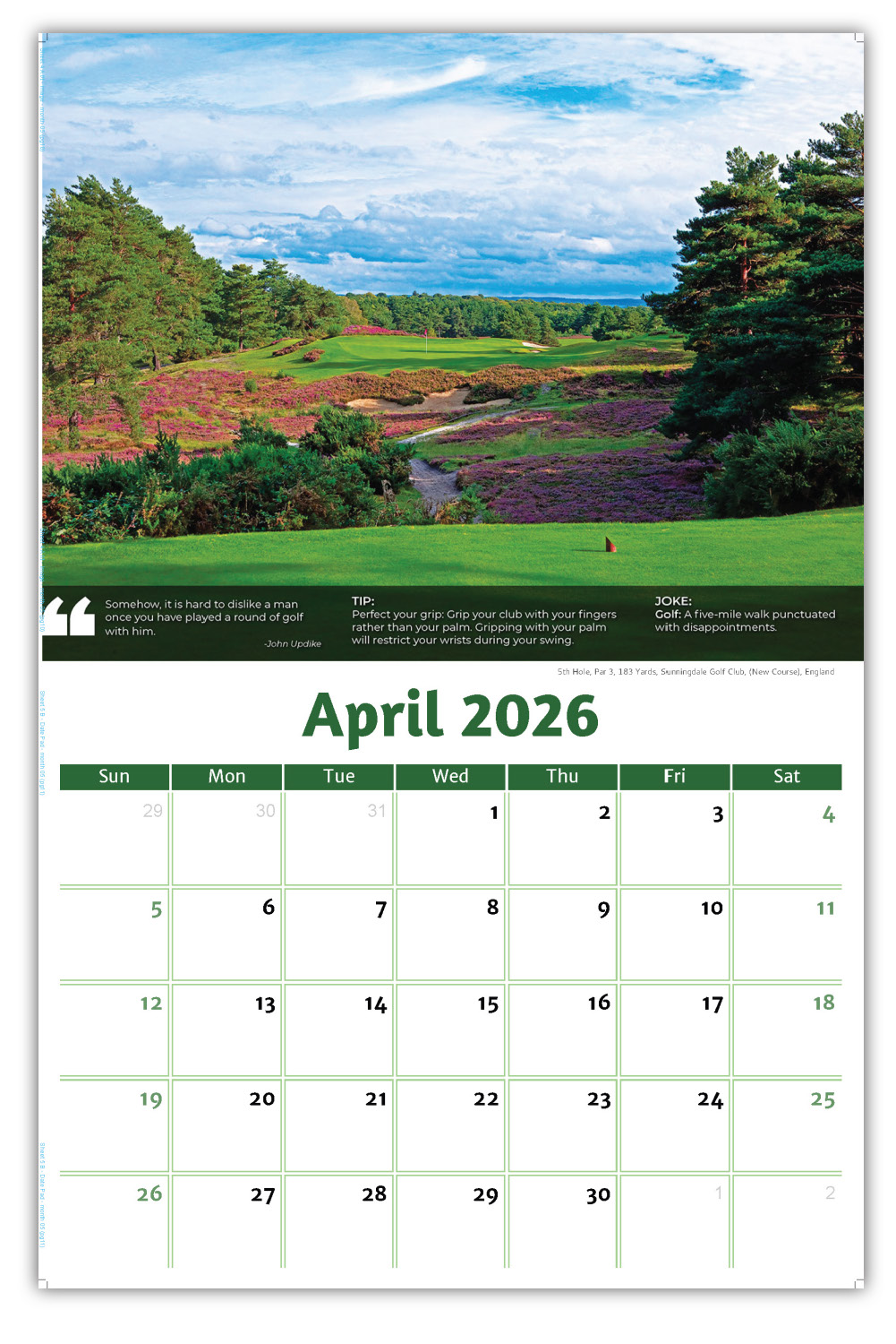 2026 Golf Tips, Quips and Holes wall calendar