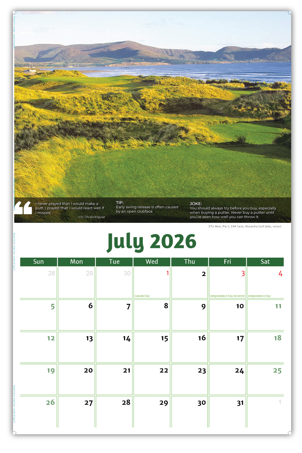 2026 Golf Tips, Quips and Holes wall calendar