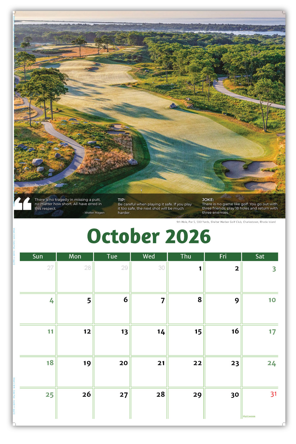 2026 Golf Tips, Quips and Holes wall calendar