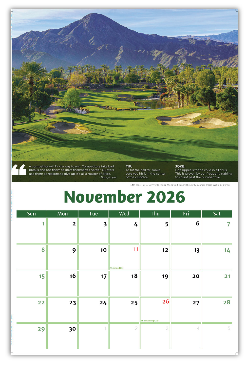 2026 Golf Tips, Quips and Holes wall calendar