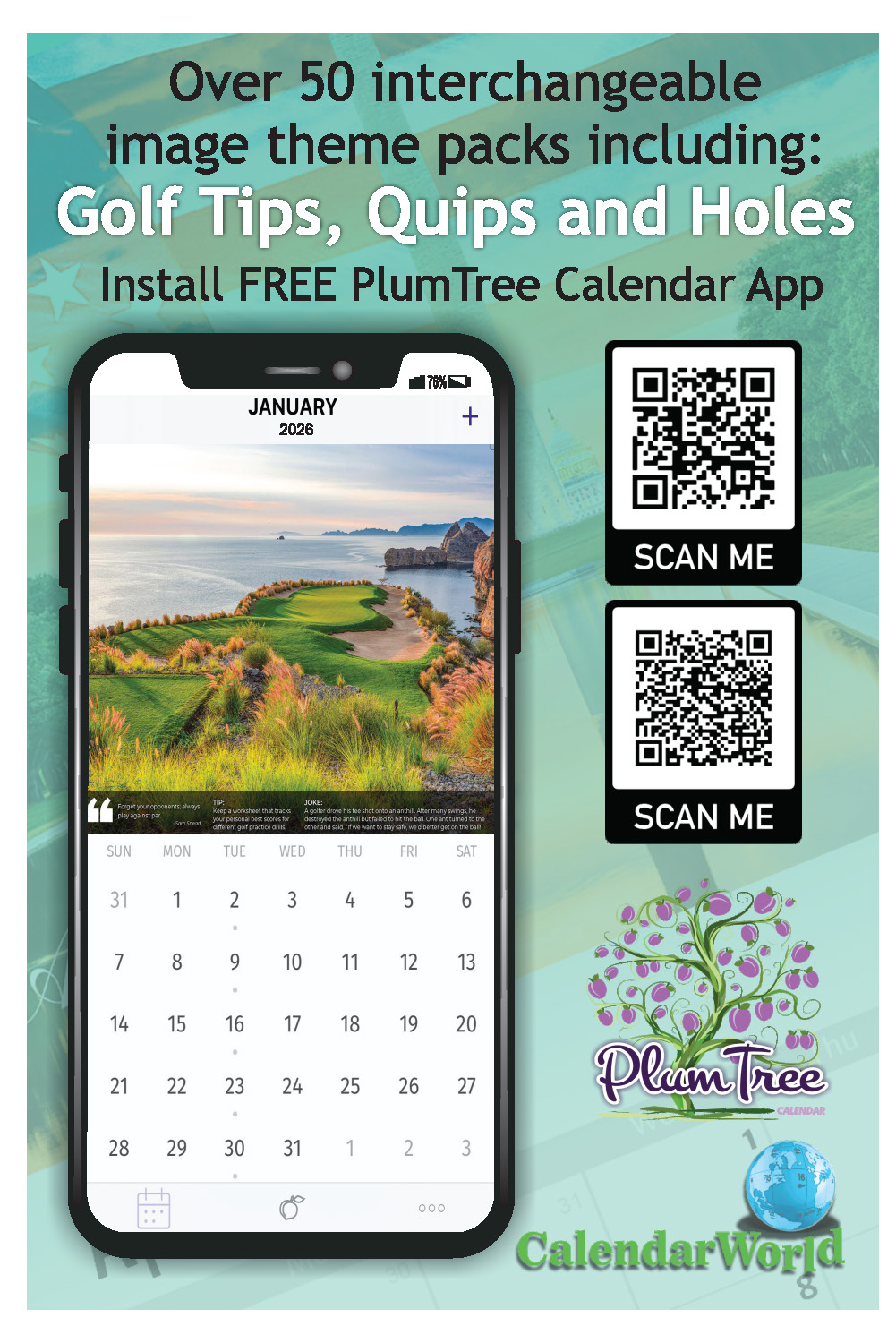 2026 Golf Tips, Quips and Holes wall calendar