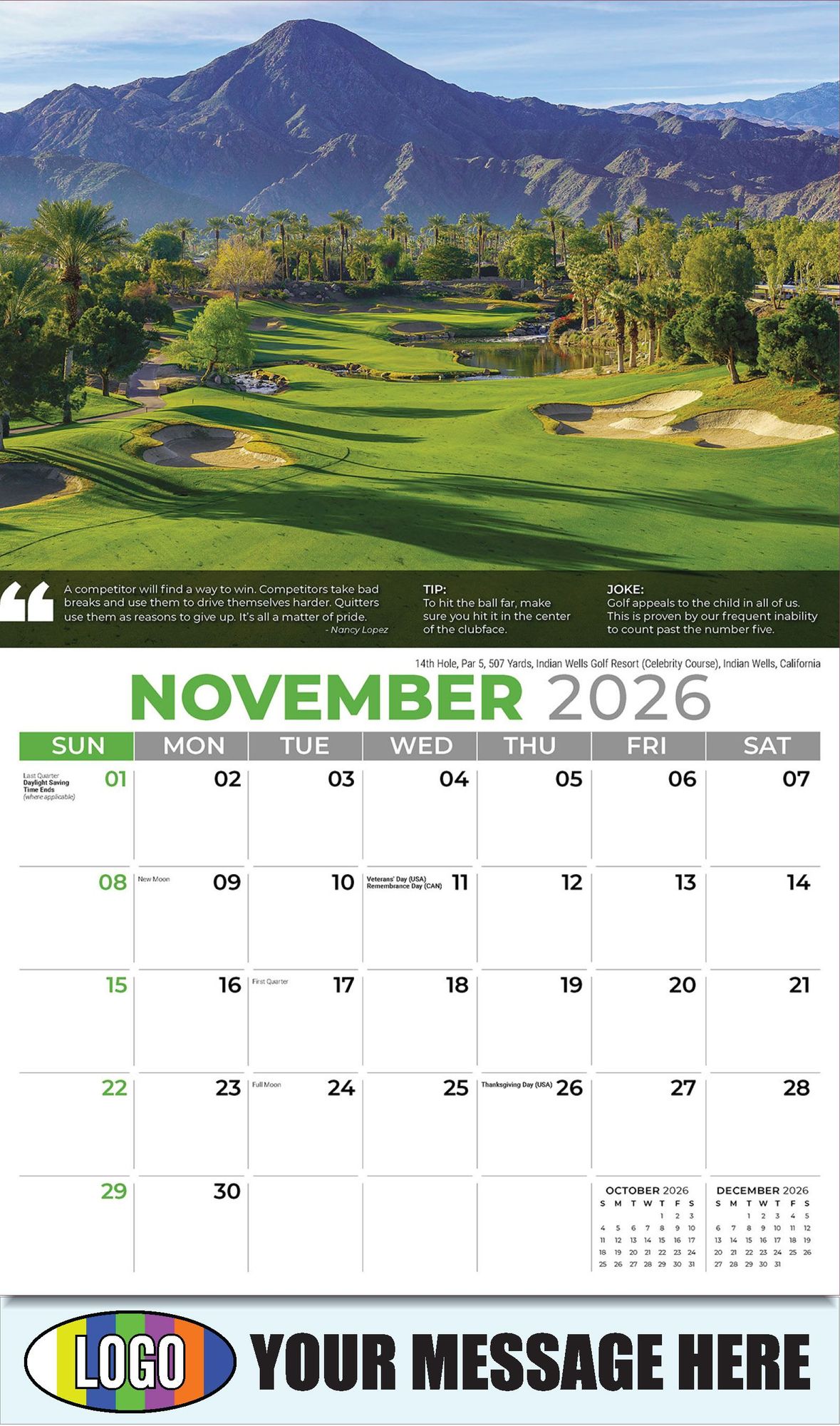 2026 Golf Tips, Quips and Holes Business Promotional Calendar