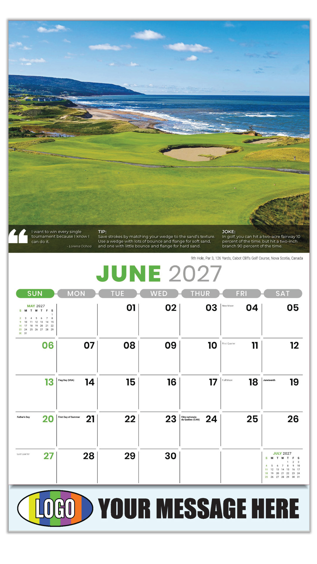 2027 Golf Tips, Quips and Holes Business Promotional Calendar